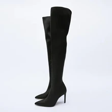ZA – bottes hautes à bout pointu pour femme, chaussures de soirée, Sexy, noires, avec fermeture éclair