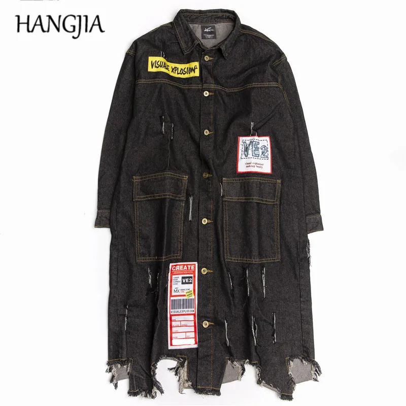Винтажный рваный длинный джинсовый Тренч с дырками для мужчин и женщин Осень Зима хип-хоп потертый джинсовый Тренч пальто с неровным подолом