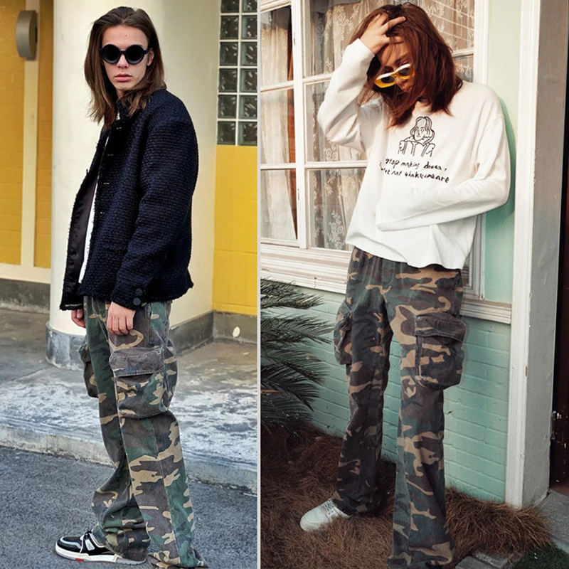 Camouflage Micro Flare Pants Fashionable Streetwear Camo Cargo Pants for Male Slim Fit Trousers Women Baggy Casual Clothes