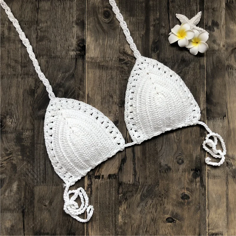 Вязаный бикини ручной работы крючком Женский Бикини Топ Boho пляжный бюстье Холтер вязаный купальник Бразильский бикини купальный костюм Топ