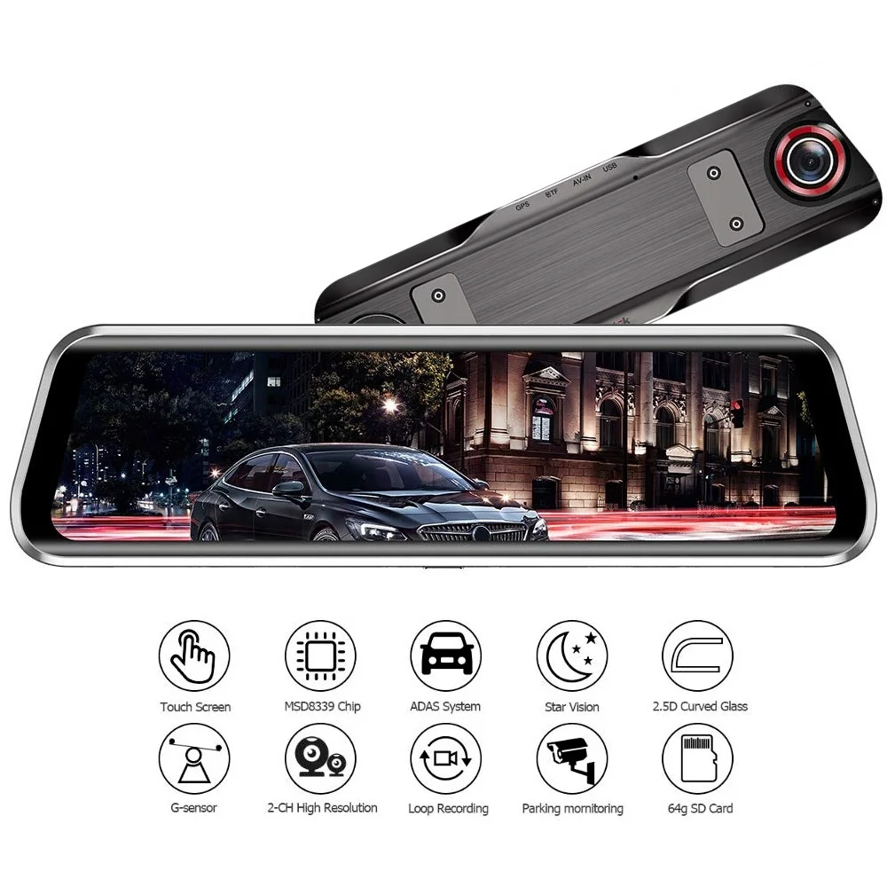 

T900+ 9.66 Inch Touch Rearview Mirror Car Driving Video Recorder Dual Lens 1080P+1080P Full Screen Dash Cam with WDR ADAS