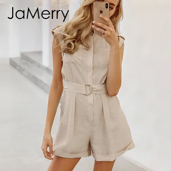 

JaMerry Casual Sleeveless sash women playsuit buttons pockets female rompers jumpsuit Spring summer elegant ladies overalls 2020