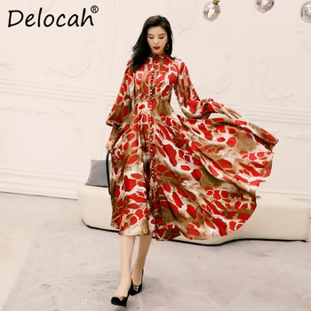 

Delocah 2020 Spring Summer Women Dress Runway Fashion Designer Lantern Sleeve Simple Button Printed Elegant Slim Ladys Dresses