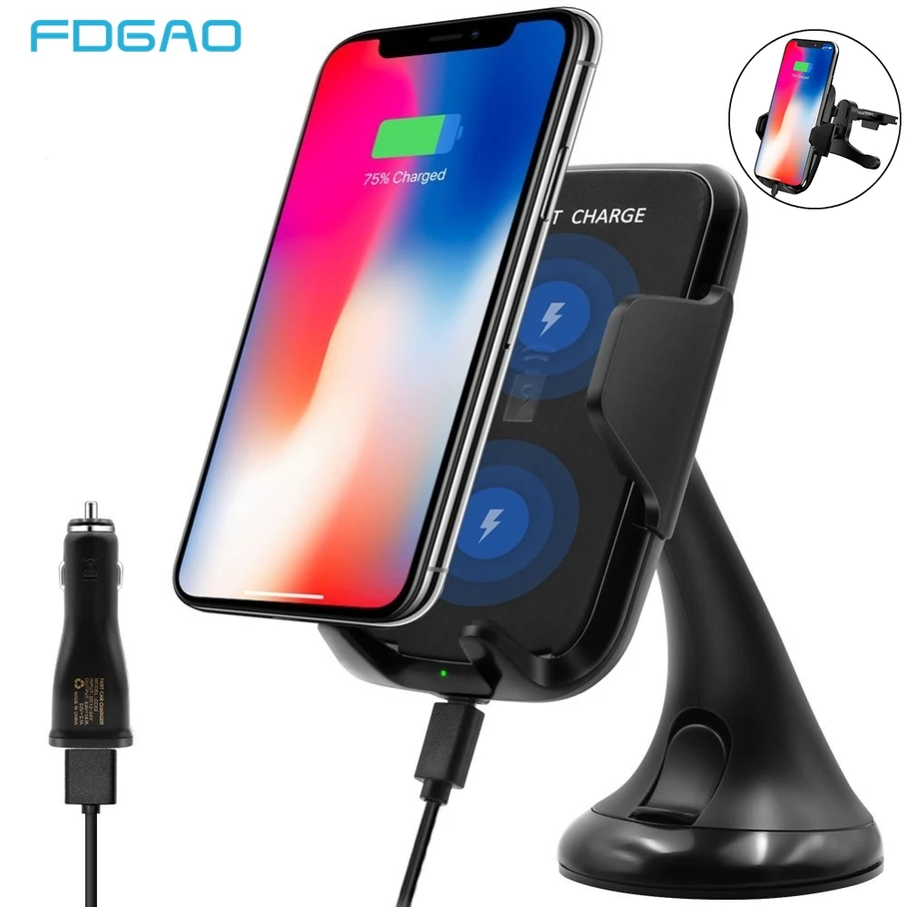 

FDGAO Quick Qi Wireless Car Charger Phone Holder for iPhone 11 Pro 8 X XS MAX XR 10W Fast Charging Mount For Samsung S10 S9 S8