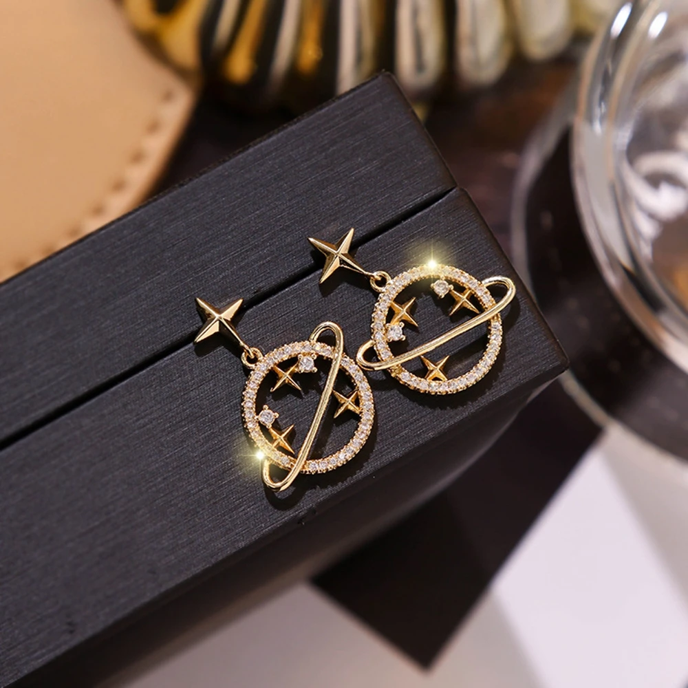 

Fashion Hollow Gold Star Moon Planet Rhinestone Earrings Stud Dangle Women Gift