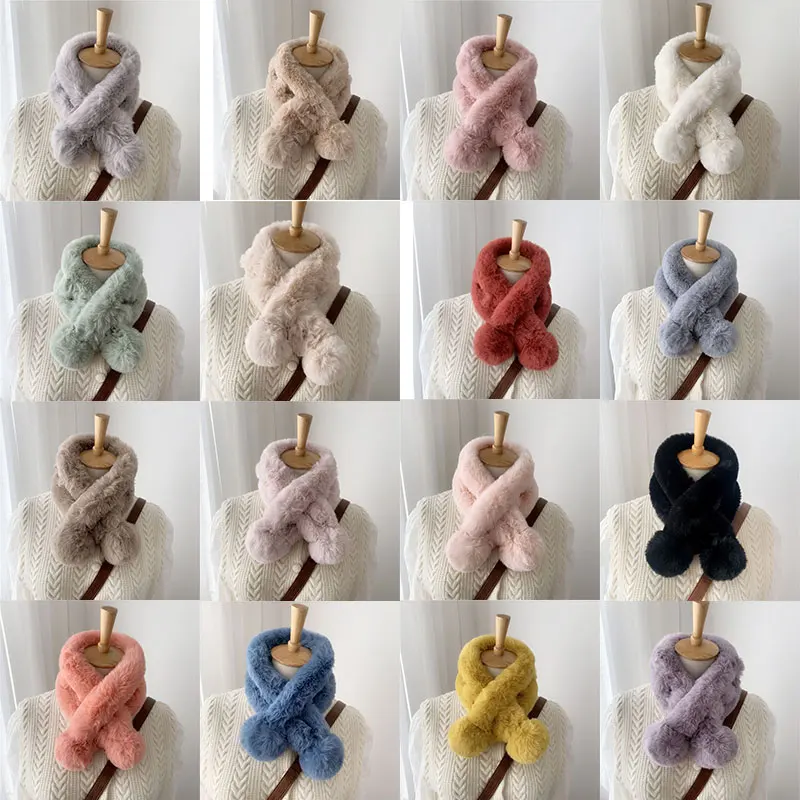 

Plush Scarf Faux Fur Collar Scarf Double Ball Warm Thicken Scarves Women Scarves Solid Color Thicken Fur Soft Furry Shawl