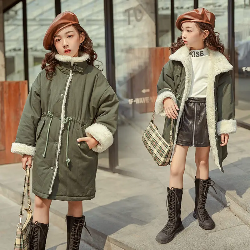  Children Winter Jacket for Kids Girls Army Green Lamb Thick Coat Baby Clothing Warm Outwear Kids Pa