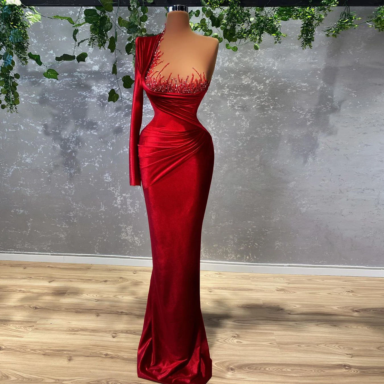 simple prom dresses Red Velvet Elegant Mermaid Prom Dresses One Shoulder Long Sleeve  Women Long Sexy Evening Pageant Gowns Plus Size Custom Made hot pink prom dress Prom Dresses