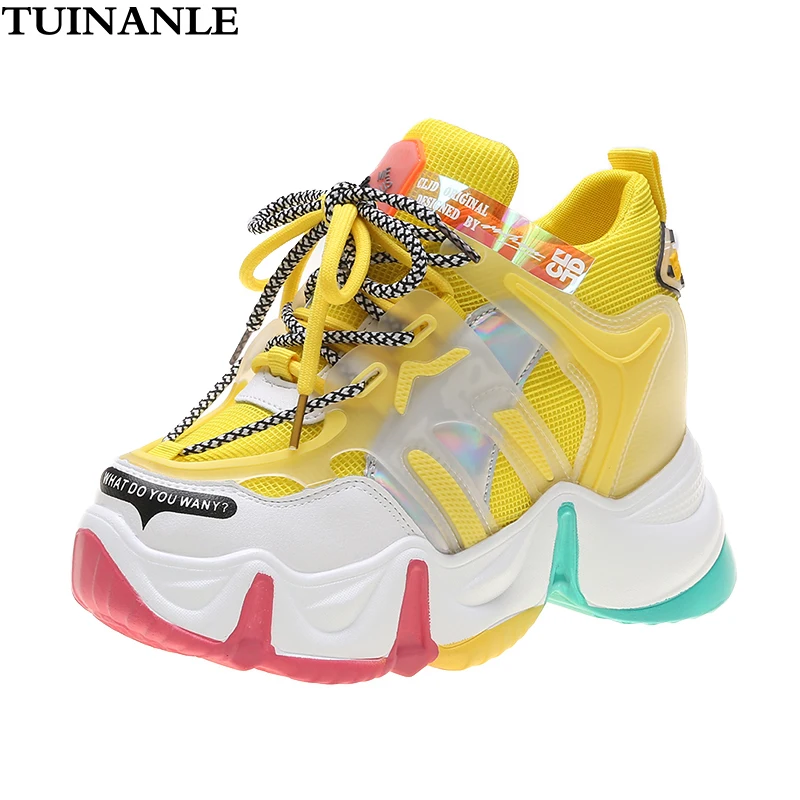 Chunky Sneakers Platform Casual-Shoes High-Heels TUINANLE Yellow Women Thick 9cm Bottom