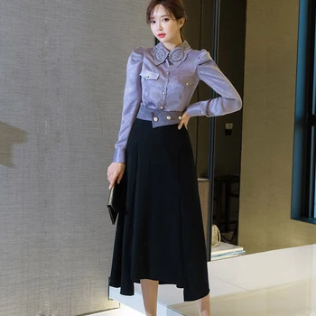 

New arrival women temperament shining basic shirt solid comfortable black long asymmetrical skirt fashion high quality women set