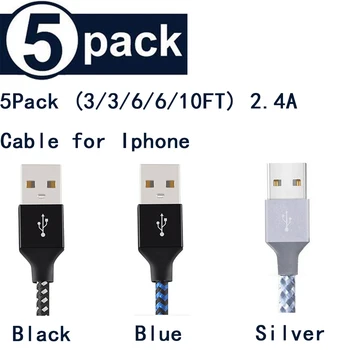 

5Pack (3/3/6/6/10FT) USB Cable for iphone 10 USB TYPE-A to Lighting Data Sync Charger Cable for iphone ipad Mobile Phone Cables