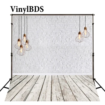 

VinylBDS White Brick Wall Wedding Photography Background Kids Wood Floor Backdrop Vintage Chandelier Chidren Backdrop for Studio