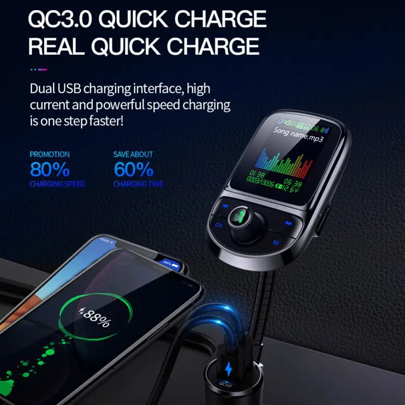 ONEWELL автомобильное зарядное устройство QC3.0 с двумя usb-портами, fm-передатчик Pantalla a, цветной Bluetooth 5,0, беспроводной модулятор, Mp3 плеер, голосовая передача