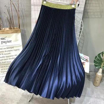 

2019 Spring Women Elegant Pleated Skirt Elastic High Waist Women Long Skirt Female Autumn Ladies High Quality Midi Skirt Saia