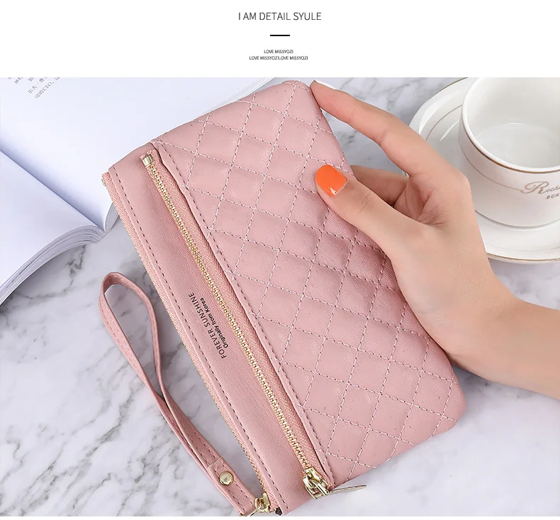 Western Style Wallet Ladies Long New Zipper Simple Solid Color Rhombus Thin Multi-function Large-capacity Clutch Women Purses