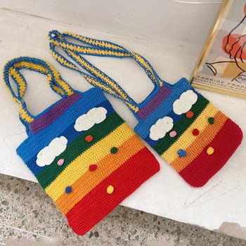 

Rainbow Bag Knitting Bag Polyester Fiber Women Shoulder Bag Lovely Student Handbag Lady Messenger Bag