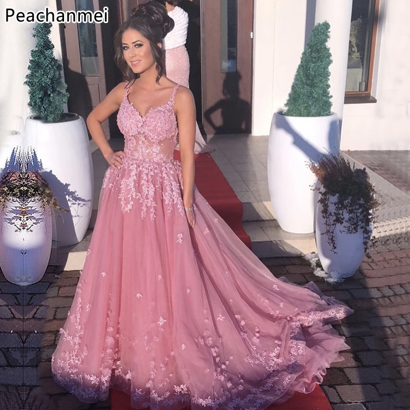 

Pink Backless Evening Dresses Appliques Beading Sequined Photography Formal Evening Party Gowns for Women 2019