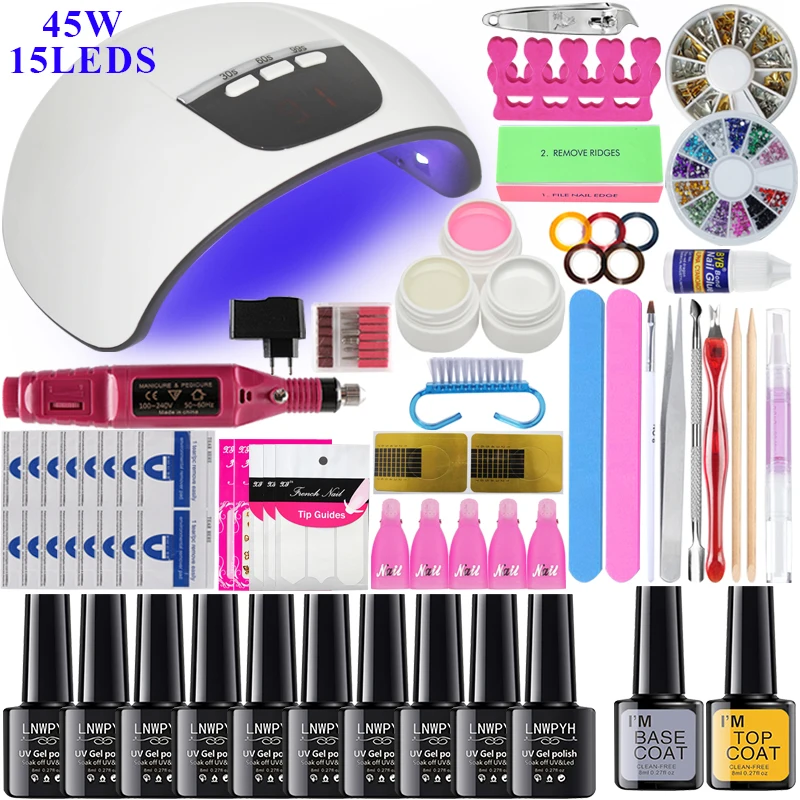 Nail Art Manicure Tools Kit new UV LED lamp 45W Nail Lamp Dryer 10 Colors Gel Nail polish DIY Tools Nail Set Kit Gel Varnish Set