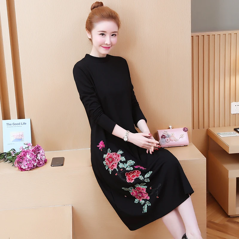 

2020 Embroidery Floral Midi Dresses Spring Autumn 5XL Plus Size Long Sleeve Loose Dress Elegant Women Bodycon Party Vestidos