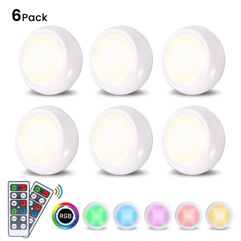 

6pcs LED Puck Lights RGB 4 Colors LED Night lamp Dimmable Touch Sensor led Under Cabinet Light For Close Wardrobe Stair