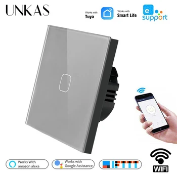 

UNKAS Crystal Glass Panel EU/UK WIFI Smart Touch Switch APP Wireless Remote Light Wall Switch Works With Alexa / Google Home