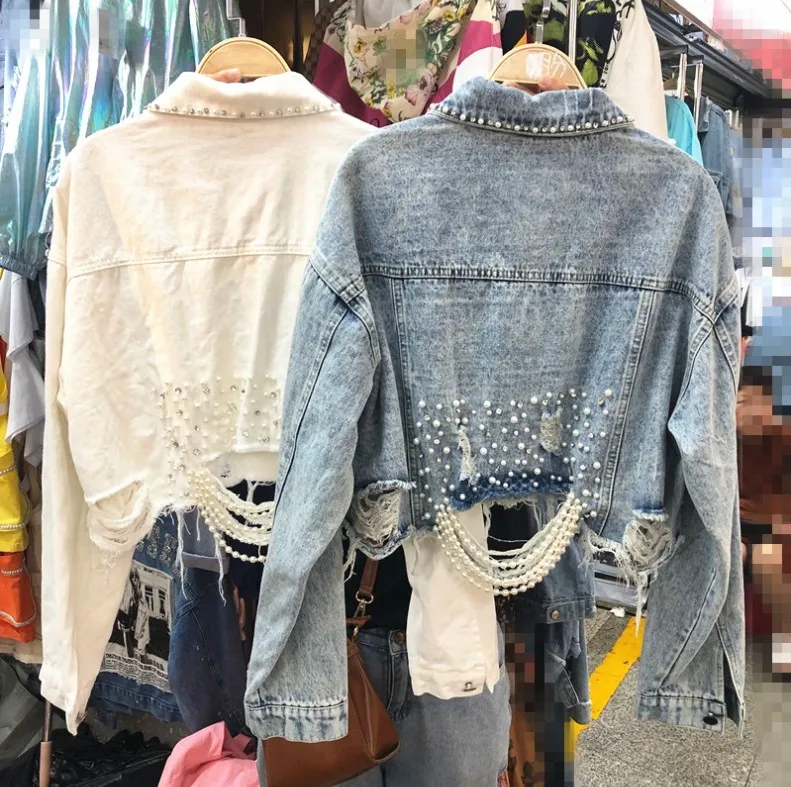 

Spring and Autumn Women Short Denim Jacket New Fashion Pearl Beads Holes Denim Coats Students Jeans Jacket
