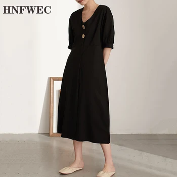 

2019 New Spring Summer V- Neck Short Sleeve Black Button Split Joint Loose Brief Temperament Dress Women Fashion A887