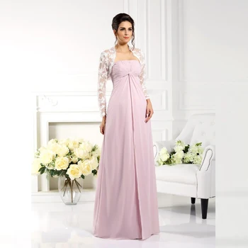 

New Charming Pink Two Pieces Mother of the Bride Dresses With Lace Jacket Strapless Pleating Wedding Party Gowns Full Length