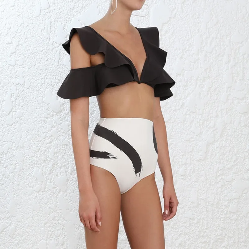 

High-End Flounced Small Bust Gathering off-Shoulder Printed Belly Covering Slimming High-waisted Split Type Spa Resort Bathing S