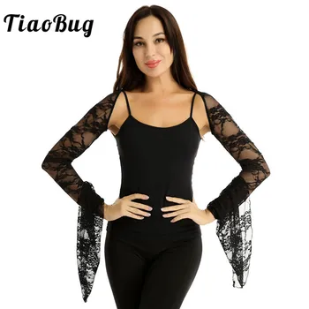

TiaoBug Women Raglan Long Flare Sleeve Floral Sheer Lace Shrug Arm Wrap Performance Dance Costume Figure Skating Dress Cover-ups