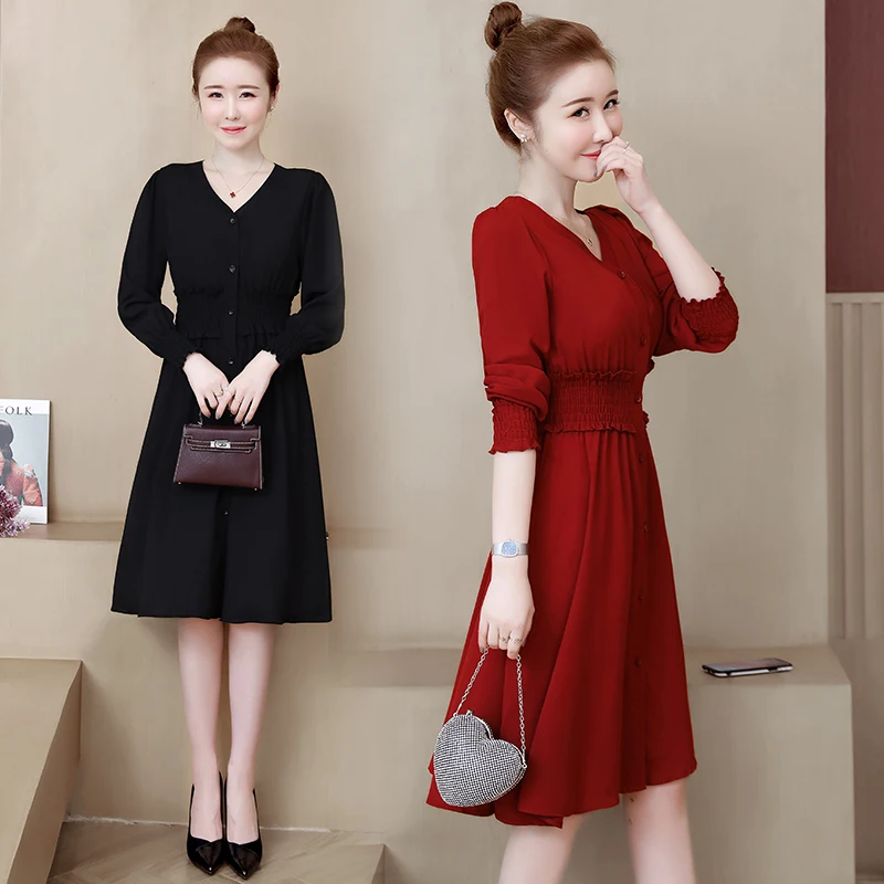 

Autumn Fashion Elegant V-neck Knee-length A-line Vintage Slim Long Sleeve Red Black Club Plus Size Woman Cocktail Dresses