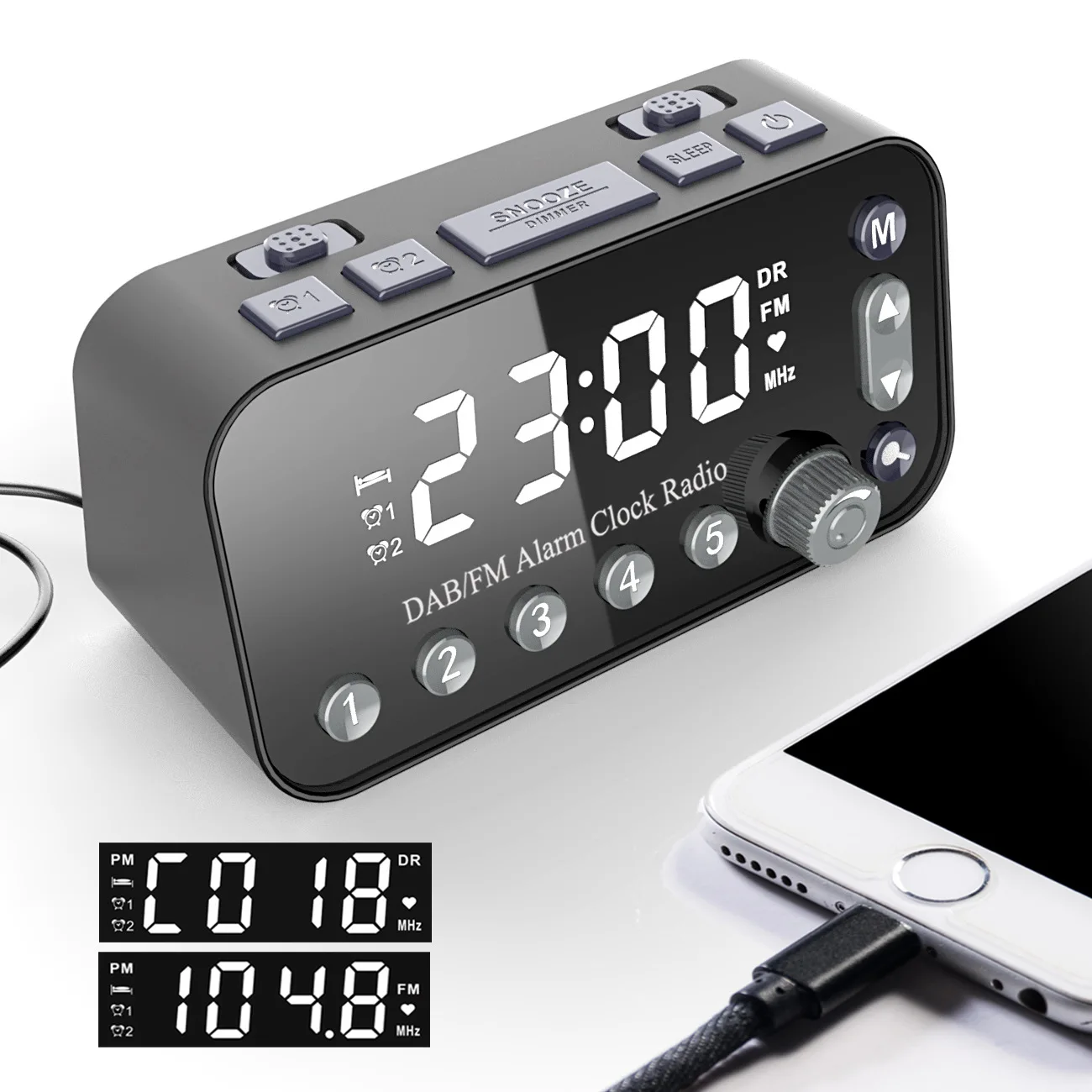 

New LED Digital Alarm Clock, 5 inch Mirror Screen Bedside Clock,DAB / DAB+ / FM Radio with Dual USB Charging Sleeping Timer