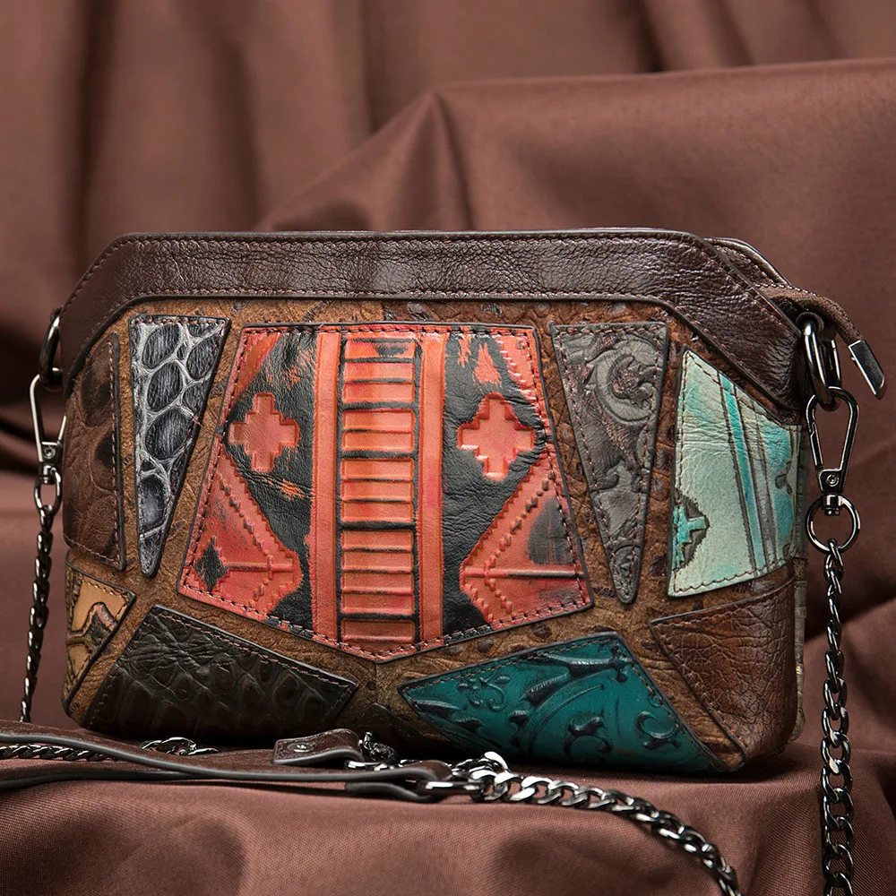

New Ethnic Women's Handbag Fashion Colorblock Cow Leather Shoulder Bag Genuine Leather Retro Ladies Small Satchel Crossbody Bag