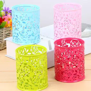 

Hollow Metal Rose Flower Cylinder Pen Holder Stationery Storage Box Organizer