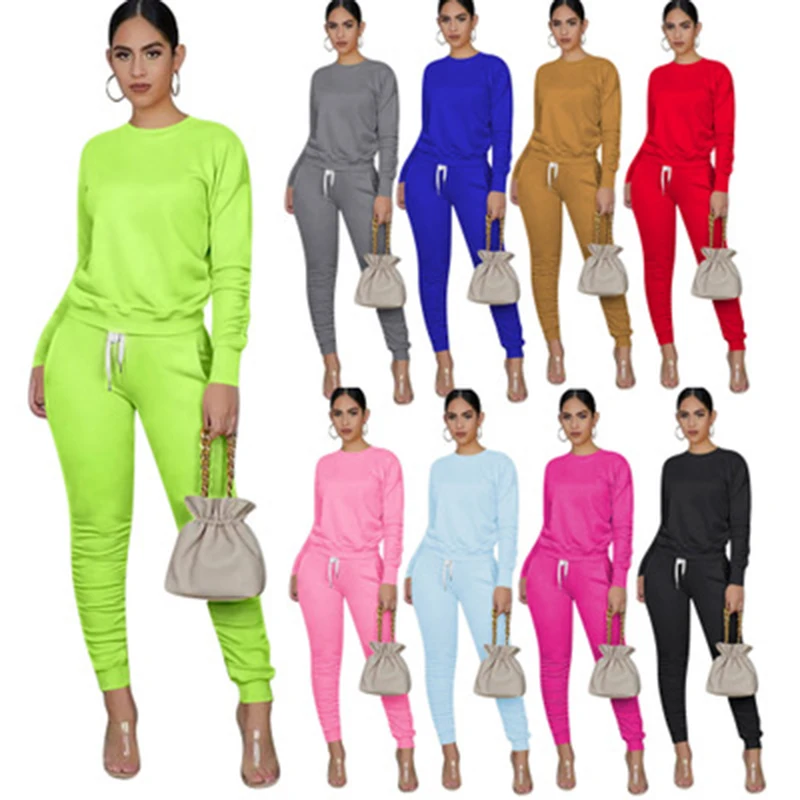 

Spring and Autumn Women's Solid Color Skinny Long Sleeve Top Sweatpants Two-Piece Suit With Pockets
