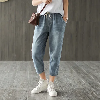 

2020 spring and summer new elastic waist drawstring hole casual seven-point jeans broken pants female wild pants