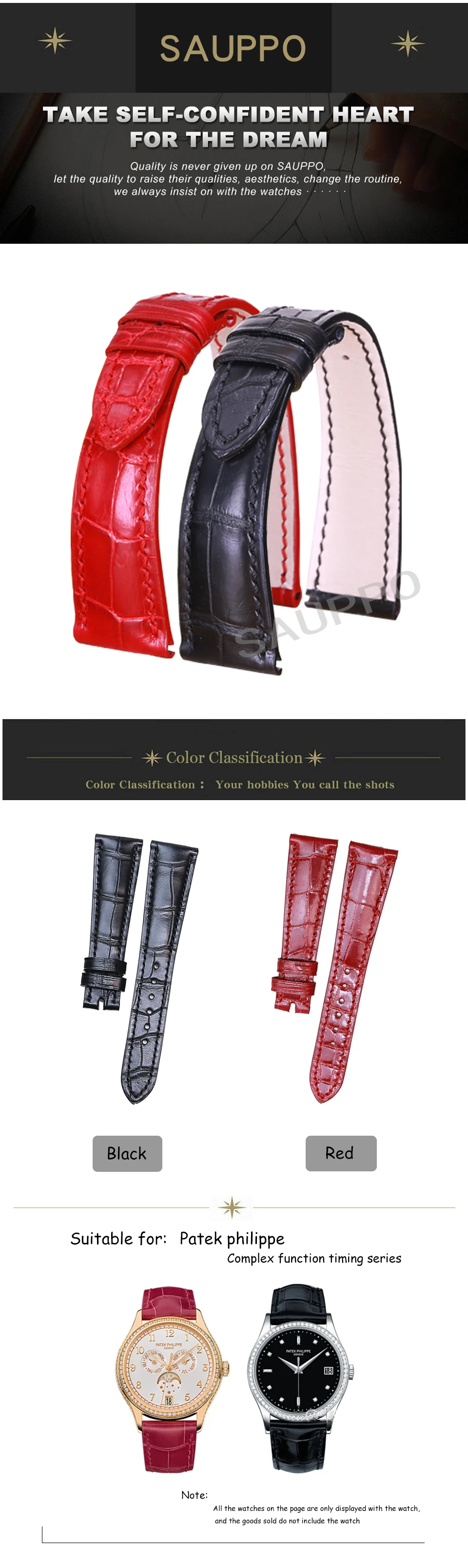 SAUPPO High Quality Crocodile Genuine Leather Watch Accessories Women Wrist Watch Bands for Patek Philippe Complications