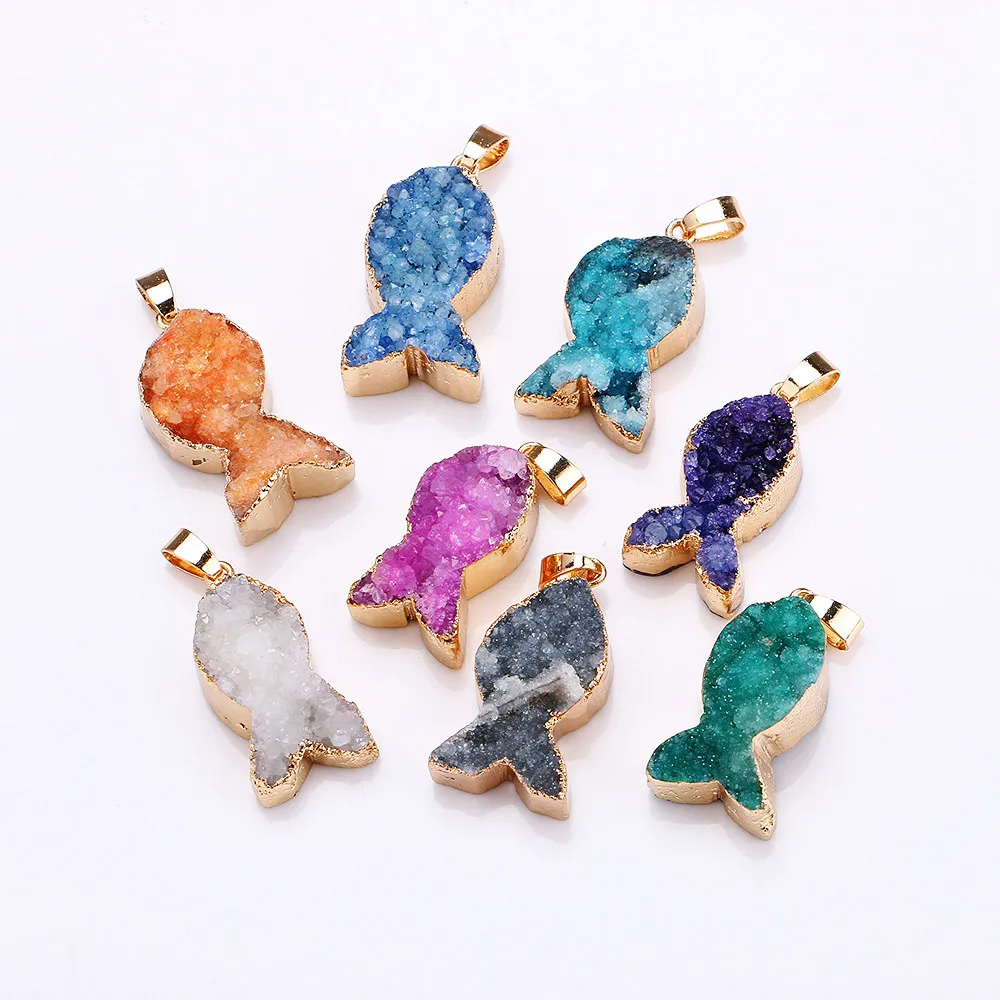Natural Stone Crystal Bud Necklace Pendant Clustered Fish Alloy Bezel Small Used in Jewelry DIY Accessories | Украшения и
