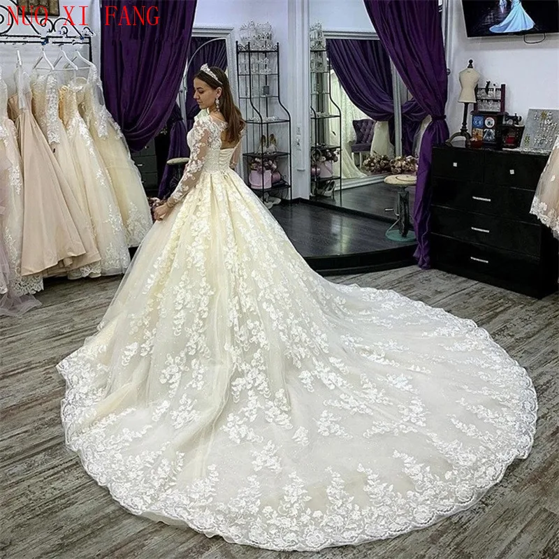 Luxury Lace Wedding Dress Ball Gown Robe De Mariee Long Sleeve abito sposa Court Train Bridal Gown Vestido De Novias Bride Dress