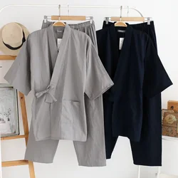 Japanese kimono men's spring and summer pajamas two-piece 100% cotton solid color simple large size home service set mens
