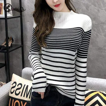 

Women Sweater Autumn Winter Stripes Slim Pullovers Long Sleeved Turtleneck Slim Bottom Knit Sweater