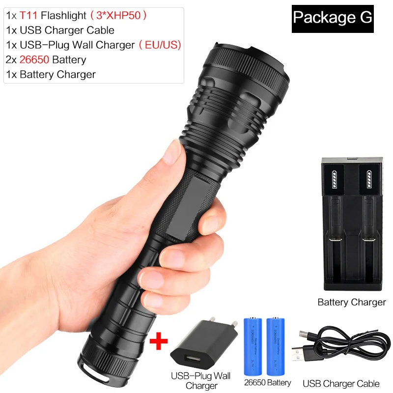 Фонарик XLamp 3* XHP50 мощный светодиодный фонарь тактический фонарь Водонепроницаемый фонарик Перезаряжаемый 18650 зарядное устройство - Испускаемый цвет: Package G