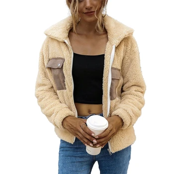 

2020 Fashion Women’s Faux Shearling Jacket Beige Yellow Lapel Fleece Fuzzy Shaggy Coat Zip Up Patchwork Thick Pockets Outwear