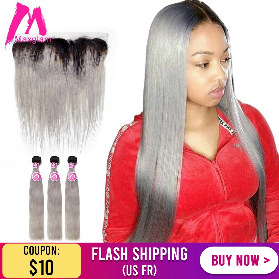 brazilian human hair extension straight bundles with frontal ombre colored T1B Grey weave 30 inch for black women 3 bundles remy
