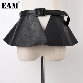 

[EAM] Pu Leather Black Ruffles Split Joint Temperament Wide Belt Personality Women New Fashion Tide All-match Spring 2020 1T489