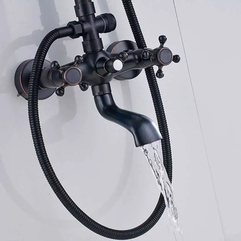 Black Bronze Shower Faucet Set Bathroom Rainfall Shower Mixer Faucet Dual Handle Brass Wall Mount Mixer Tap Handshower