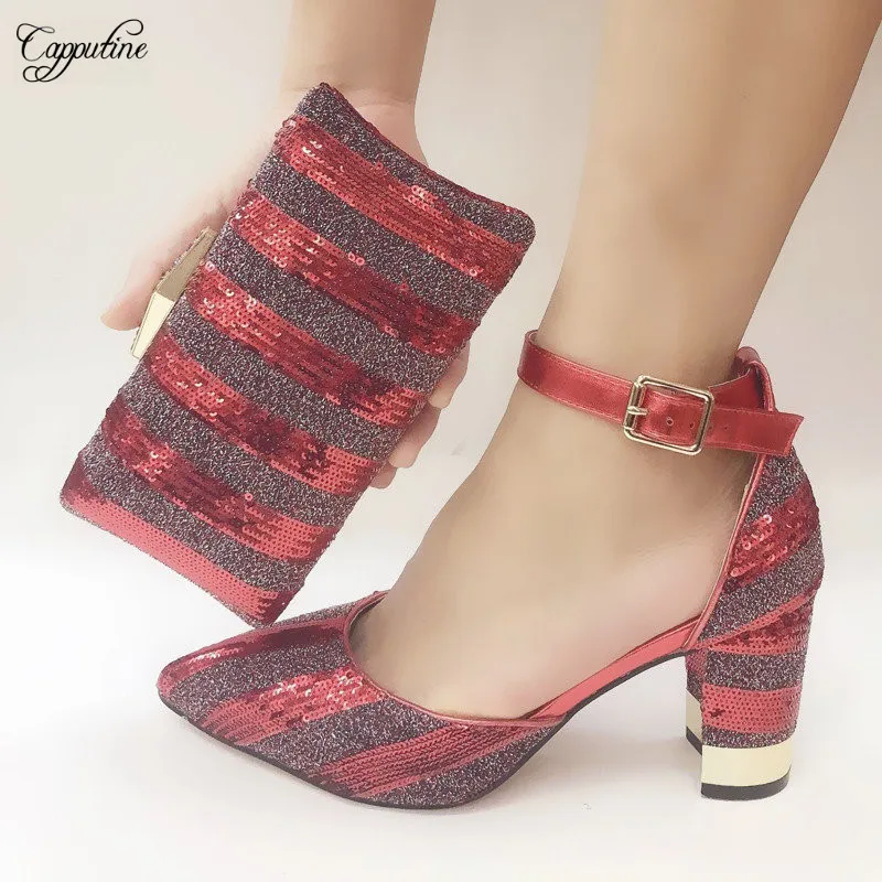 

Beautiful red with sequins African high heel shoes and handbag set with stones for lady 073-5,Heel Height 8 CM