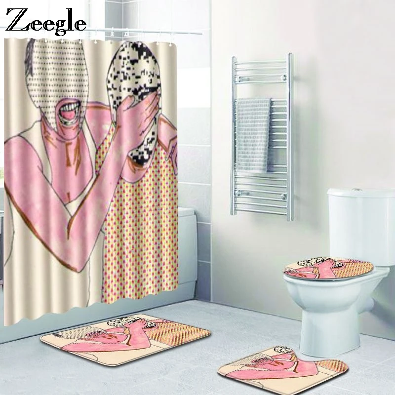 Zeegle Bath Mat Set and Waterproof Curtain Non Slip Toilet Pedestal Rug Foot Mat Absorbent Toilet Seat Cover Mat 3pcs Toilet Set