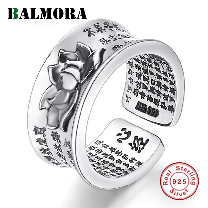 Cena BALMORA prawdziwe 999 srebro biżuteria buddyzm Sutra Lotus otwarte pierścienie do układania dla kobiet prezent dla mężczyzny Vintage komunikat biżuteria