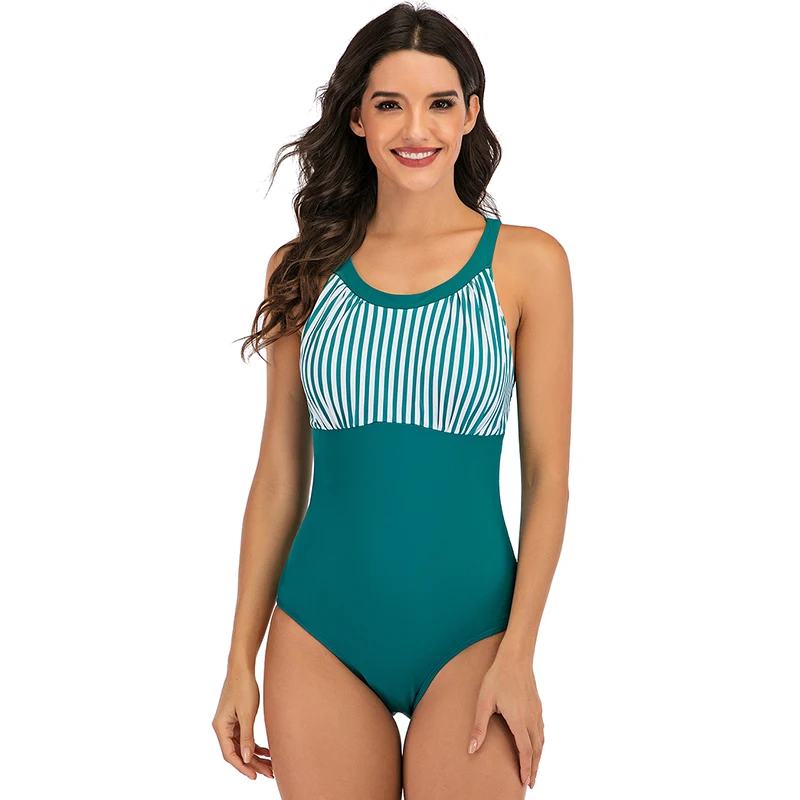 

Retro Plus Size Swimwear Women One Piece Swimsuit Monokini Striped Patchwork Bathing Suits Summer Beach Wear Swimming Suit 2020